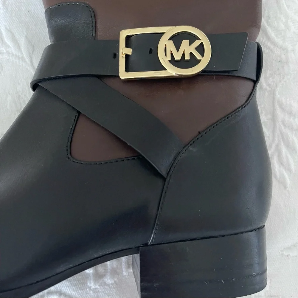Michael Kors Black and Brown Leather Knee Boots with Gold hardware. Size 6